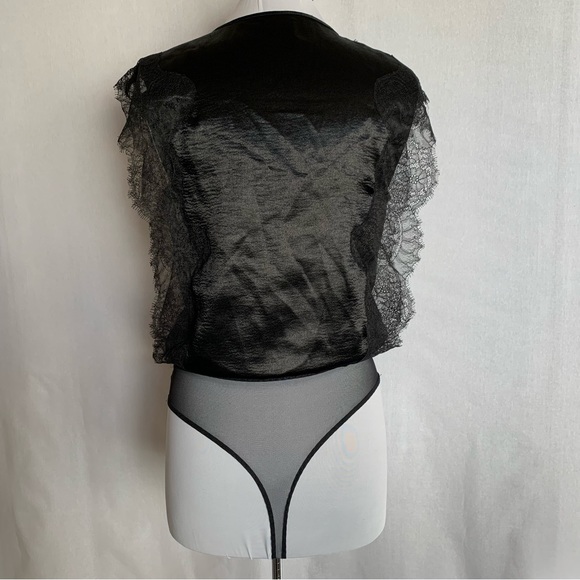 Victoria's Secret Black Satin Lace trim surplice sleeveless thong bodysuit SMALL - Picture 3 of 10